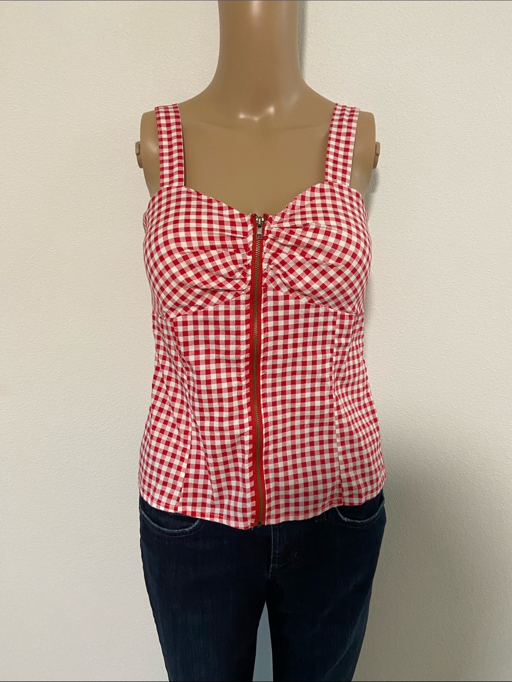 Liberty Love Red and White Gingham Zip-Front Camisole Sz M